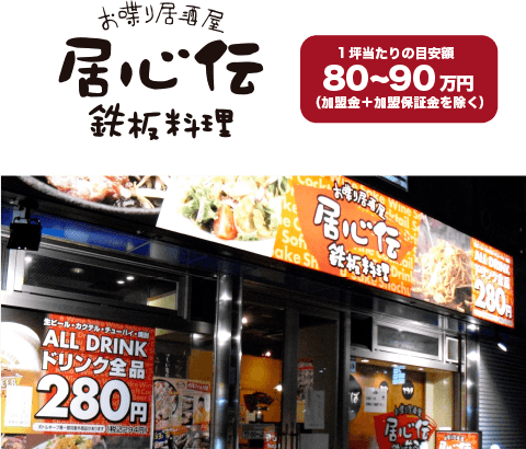 居心伝：1坪当たりの目安額 80〜90万円(加盟金+加盟保証金を除く)